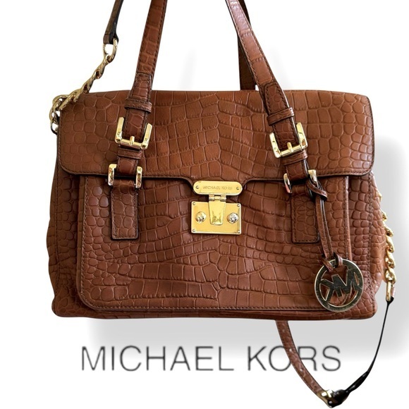 Michael Kors Hamilton Croc-Embossed Leather Satchel Purse Brown, Gold Hardware - Picture 1 of 13